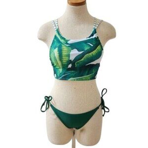 BIKINI Tropical Palm Leaves Green White Strappy set size